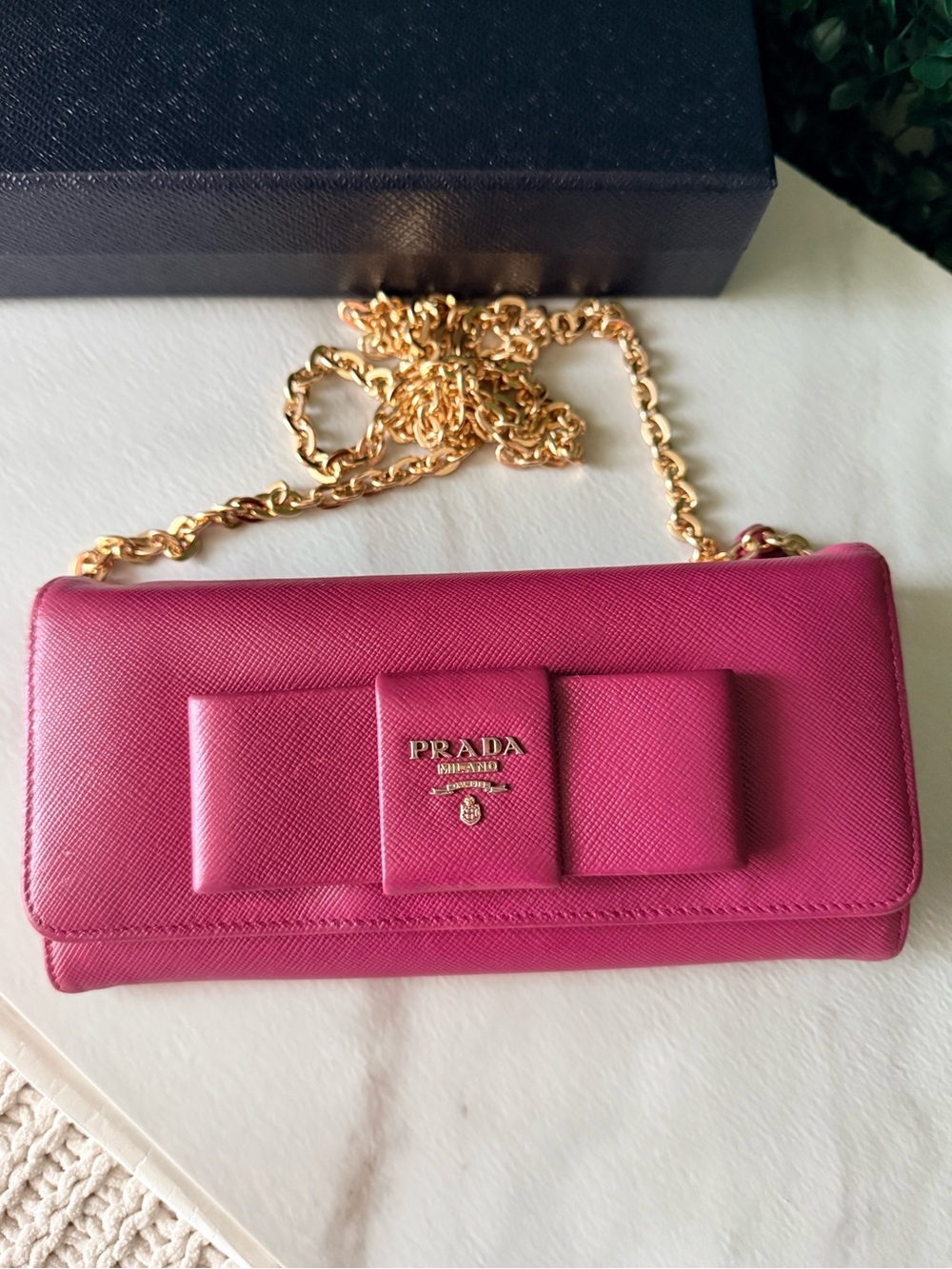 Prada Fuchsia Saffiano Bow Long Wallet with Wallet on Chain Insert